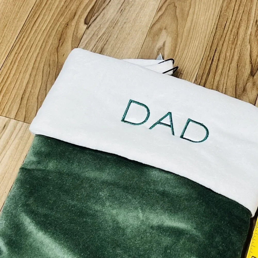 West Elm DAD Christmas Stocking Green White Velvet Mono Large 23“